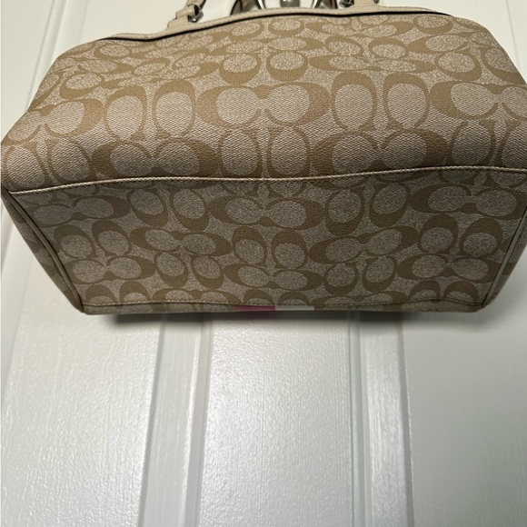 Coach Beige Canvas Satchel with Pink Accent Stripe and Tag - Picture 4 of 6